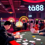 Players at a ta88 casino table engaging in a thrilling poker game amidst bright lights and vibrant slot machines.